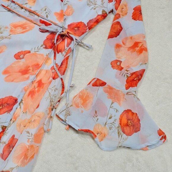 Lulus ✦ Petals of Honor Wrap Dress ✦ Light Blue Floral Chiffon Bell Sleeves S - Picture 6 of 14